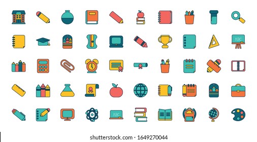 School line fill style icon set design, Eduaction class lesson knowledge preschooler study learning classroom and primary theme Vector illustration