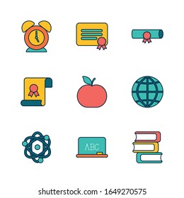 Die Schulleitung füllt Stilsymbol-Set-Design, Unterrichtsstunde im Vorschulunterricht und Vektorillustration des Grundschulunterrichts