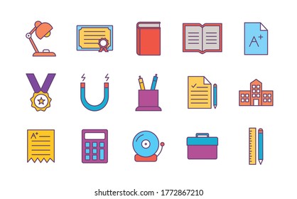 School line and fill style icon set design, education class lesson knowledge preschooler study learning classroom and primary theme Vector illustration