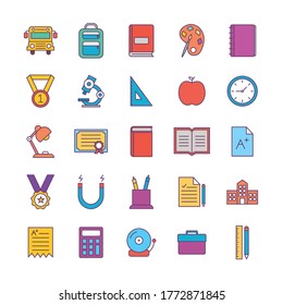 Diseño de conjunto de iconos de línea de escuela y estilo de relleno, conocimiento de clase educativa, estudio preescolar, aula y tema primario Ilustración vectorial