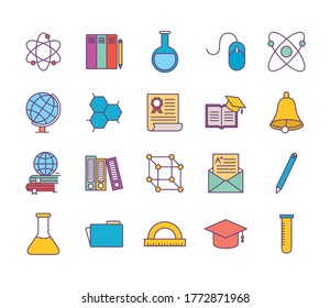 School line and fill style icon set design, education class lesson knowledge preschooler study learning classroom and primary theme Vector illustration