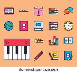 School line and fill style set of icons design, Education class lesson and knowledge theme Vector illustration