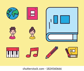 Diseño de iconos de línea de escuela y juego de estilos de relleno, lección de clase de educación y tema del conocimiento Ilustración del vector