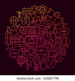School Line Icon Circle Concept. Vector Illustration of Education and Science Objects.