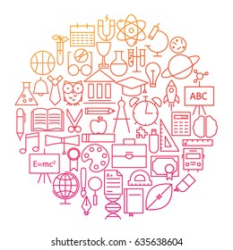 School Line Icon Circle Design. Vector Illustration of Education and Science Objects.