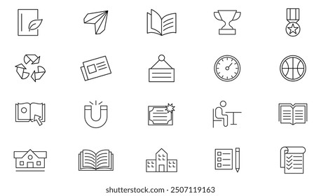 School line icon collection. Back to school, education, learning, study, university and institute, textbook, bag, pencilbox, students, library, and teacher icon set. UI outline icon pack