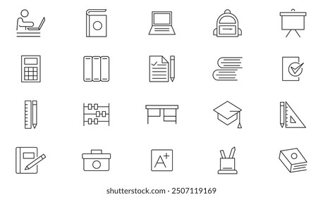 Symbolsammlung für Schulzeilen. Zurück zur Schule, Bildung, Lernen, Studium, Universität und Institut, Lehrbuch, Tasche, Pencilbox, Studenten, Bibliothek und Lehrer-Icon-Set. UI-Gliederungssymbolpaket
