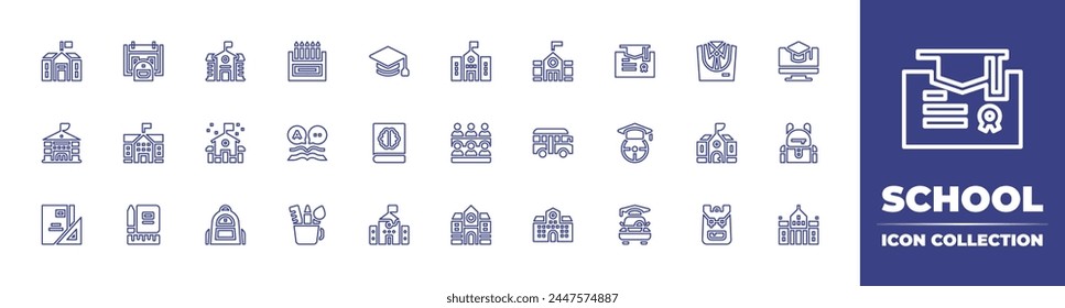 School line icon collection. Editable stroke. Vector illustration. Containing pencil case, driving school, office supplies, language, school, book, stationery, class, backpack, school bus.