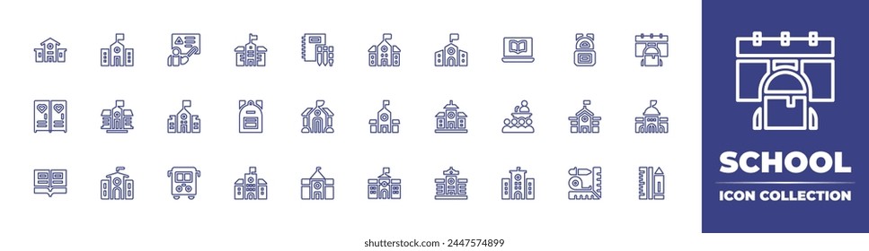 Icono de la línea escolar colección. Trazo editable. Ilustración vectorial. Contiene escuela, conferencia, escuela secundaria, autobús, taquilla, mochila, medición, libro abierto.