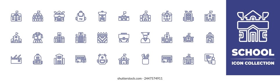 School line icon collection. Editable stroke. Vector illustration. Containing bag, school, uniform, university, briefcase, building, material, bus, crayons.
