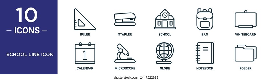 el conjunto de iconos de contorno de la línea de la escuela incluye Regla de línea fina, grapadora, escuela, bolso, pizarra, calendario, iconos de microscopio para informe, presentación, diagrama, Diseño web
