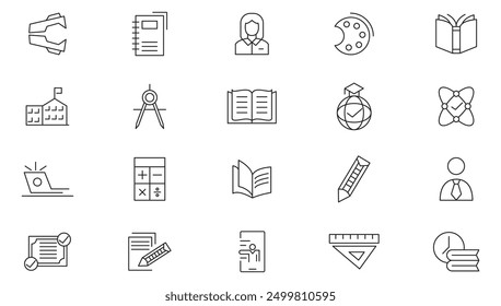 School line icon set. Contains classroom, student, education, success, academic subjects, knowledge, teacher, classroom, study, and language outline icon collection. Ui thin line icon pack.