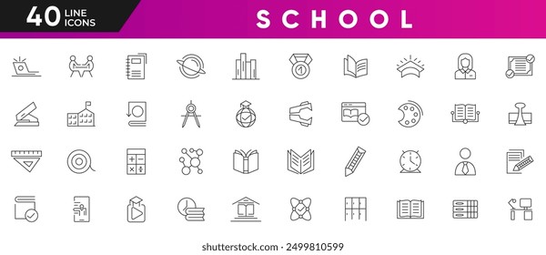 School line icon set. Contains classroom, student, education, success, academic subjects, knowledge, teacher, classroom, study, and language outline icon collection. Ui thin line icon pack.
