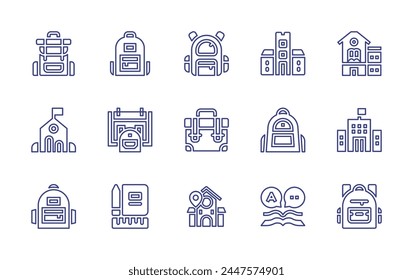 School line icon set. Editable stroke. Vector illustration. Containing office supplies, language, kindergarten, university, backpack, school bag, school, high school.