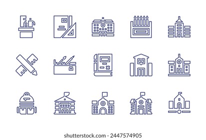 School line icon set. Editable stroke. Vector illustration. Containing school supplies, school, stationery, bag, material, high school, crayons, algebra.