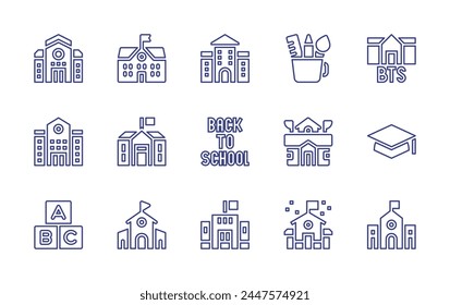 Conjunto de iconos de la línea escolar. Trazo editable. Ilustración vectorial. Conteniendo escuela, alfabeto, tablero de argamasa, estuche de lápiz, vuelta a la escuela, edificio de la escuela.