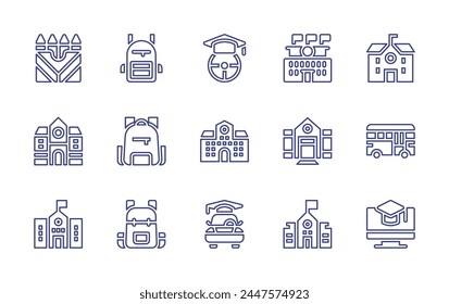 School line icon set. Editable stroke. Vector illustration. Containing driving, architecture and city, school, online learning, high school, bus, backpack, crayons.