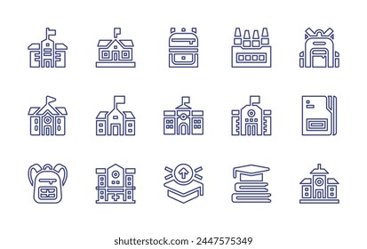 School line icon set. Editable stroke. Vector illustration. Containing education, school, school bag, crayons, backpack, college, folder.