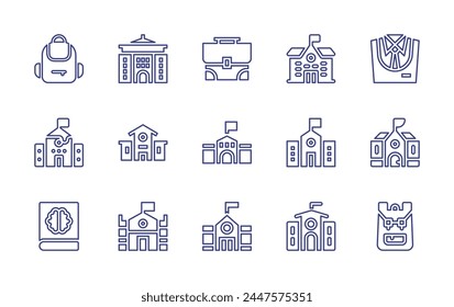 School line icon set. Editable stroke. Vector illustration. Containing school bag, uniform, school, architecture and city, book, briefcase, public school.