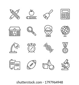 School line icon set. Education flat signs. Back to school pictograms on subjects and equipment. Editable stroke.Vector illustration.