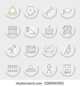 Symbolsatz der Schulleitung, Sammlung von Bildungssymbolen, Vektorgrafiken, UX-Schaltflächen der Benutzeroberfläche, zurück zu den Schulsymbolen, Wissenszeichen, lineare Piktogramme, bearbeitbarer Schlaganfall
