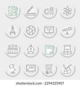 School line icon set, education symbols collection, vector sketches, neumorphic UI UX buttons, study signs linear pictograms package isolated on white background, eps 10.