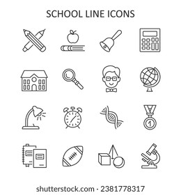 School line icon set. Education flat symbol with teacher, globe, calculator, alarm clock, pencil.   Vector illustration.