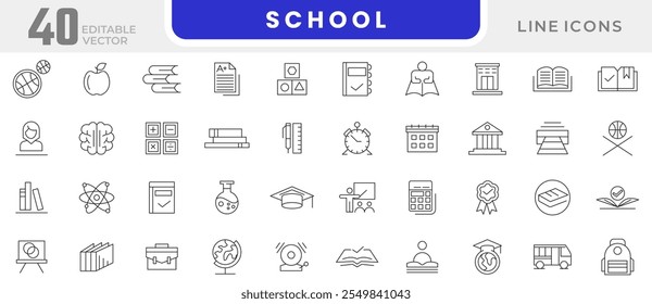 School line icon set. Education, School, Learning, academic, students, classroom, knowledge, learning, study, success, task list, design, training, idea, teacher line icon set. UI thin line icon pack.