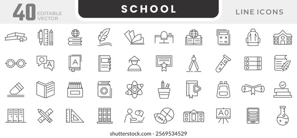 School line icon set. Education and School icons Pixel perfect. school subjects, supplies, science, knowledge, teaching, books, learning, and a classroom line icon set. UI thin line icon pack