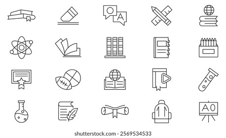 School line icon set. Education and School icons Pixel perfect. school subjects, supplies, science, knowledge, teaching, books, learning, and a classroom line icon set. UI thin line icon pack