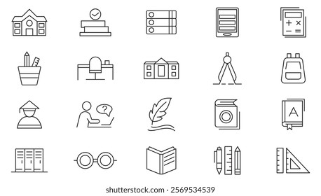 School line icon set. Education and School icons Pixel perfect. school subjects, supplies, science, knowledge, teaching, books, learning, and a classroom line icon set. UI thin line icon pack