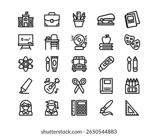School line icon set. Education vector icons. Includes supplies, subjects, teacher and student symbols. Perfect for infographics, web, and apps.
