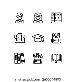 Conjunto de iconos de línea escolar. Iconos del vector de la Educación. Incluye profesor, taquillas, mochila y símbolos de libro. Perfecto para infografías, Web y App.
