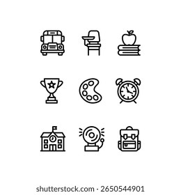 School line icon set. Education vector icons. Includes school bus, trophy, alarm and backpack symbols. Perfect for infographics, web, and apps.