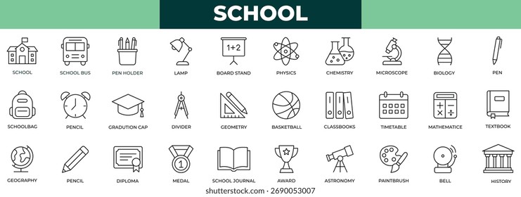School line icon set featuring classroom, teacher, student,university, study, lecture, science, human, ,books, stationery, perfect for education apps, websites, and print materials.