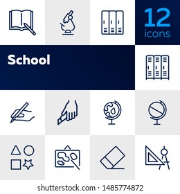 School line icon set. Microscope, globe, cabins. Education concept. Can be used for topics like biology, geometry, geography