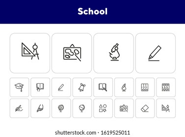 School line icon set. Microscope, globe, cabins. Education concept. Can be used for topics like biology, geometry, geography