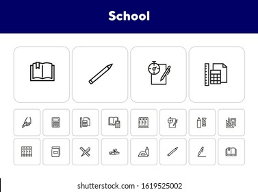 School line icon set. Test, exam, book, pen. Education concept. Can be used for topics like learning, training, college