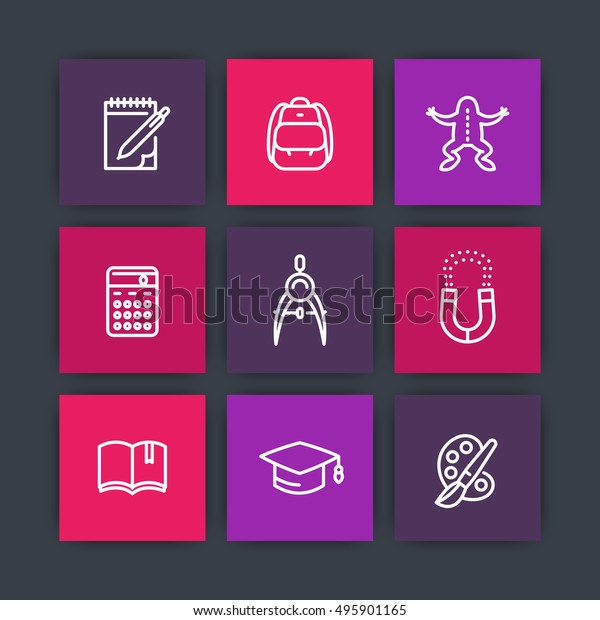 school line icons, education, study,\
college, physics, biology, geometry, reading,\
arts