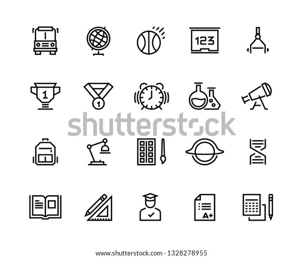 School line icons. Geometry geography physics\
chemistry school disciplines. School graduation and university\
education vector symbols\
set