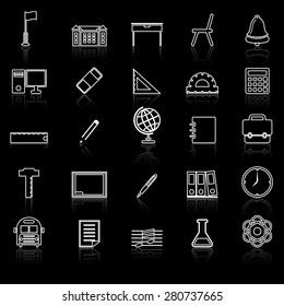School line icons with reflect on black, stock vector