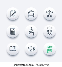 school line icons set, education, college, study, physics, biology, reading, graduation, vector illustration