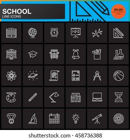 School line icons set, education outline vector symbol collection, linear colorful pictogram pack isolated on black, pixel perfect logo illustration