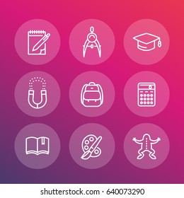 school line icons set, education, college, physics, biology, geometry, graduation cap, book, backpack, vector illustration