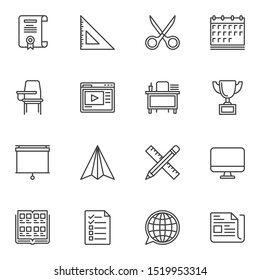 School line icons set. linear style symbols collection, outline signs pack. vector graphics. Set includes icons as diploma certificate, e-learning, presentation screen, calendar, ruler, computer, test