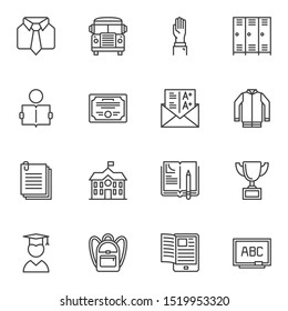 School line icons set. linear style symbols collection, outline signs pack. vector graphics. Set includes icons as uniform, bus, graduate student, blackboard, backpack, school building, locker room