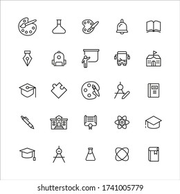 Conjunto de iconos de la línea escolar. Elementos vectores de trazo para el diseño de moda. Pictogramas simples para concepto móvil y aplicaciones web. Iconos de línea de vectores aislados en un fondo blanco. 