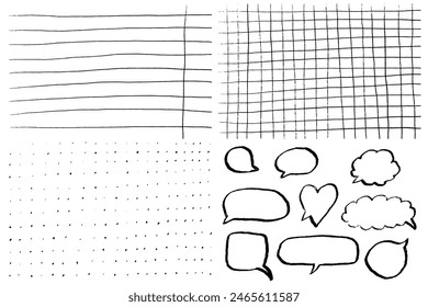 School line, square and dots pattern for kids notebook. Grunge blob speech bubbles for stickers. Doodle sketch vector illustration. 