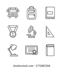 Diseño de conjunto de iconos de línea de escuela, conocimiento de clase de educación preescolar, aprendizaje en aula y tema primario Ilustración vectorial