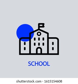 School linear icon with a blue circle behind it. 